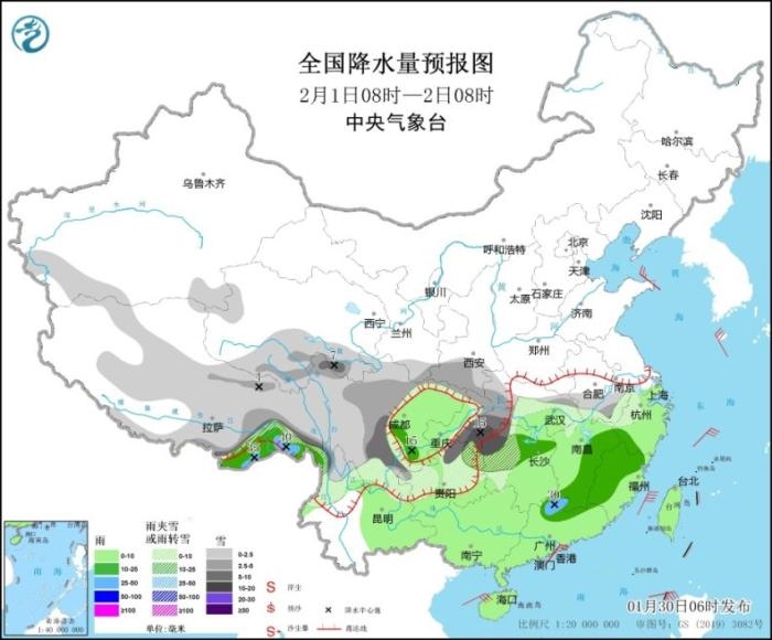 全國(guó)降水量預(yù)報(bào)圖(2月1日8時(shí)-2日8時(shí)) 全國(guó)降水量預(yù)報(bào)圖(2月1日8時(shí)-2日8時(shí))