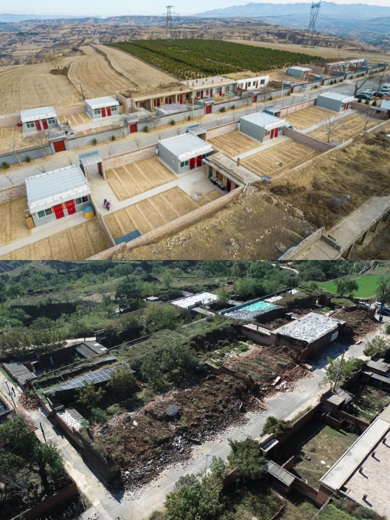 拼版照片，上圖是2022年1月山西省霍州市師莊鄉(xiāng)馮南垣村災后恢復重建后的場景，下圖是2021年10月村莊因災受損的場景。(霍州市委宣傳部供圖)