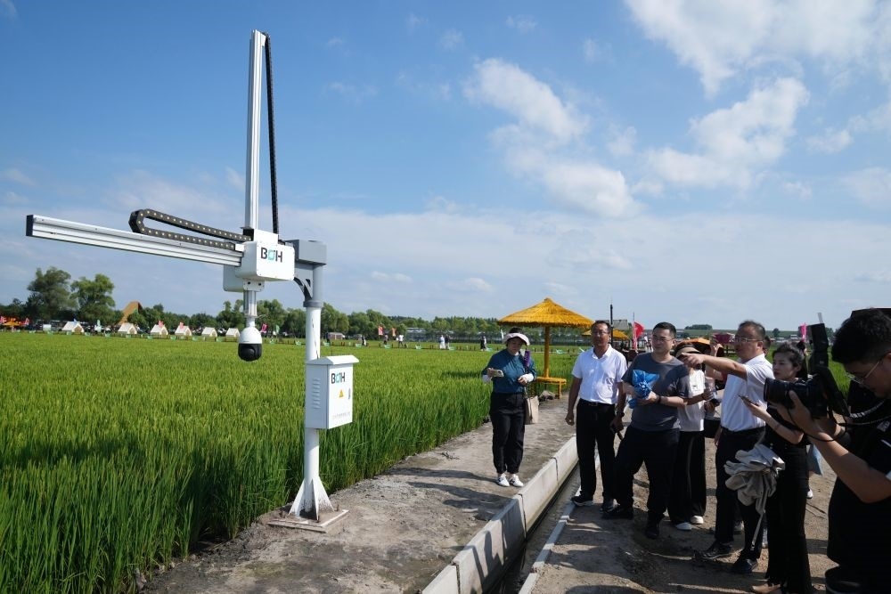 在北大荒集團(tuán)閆家崗農(nóng)場(chǎng)有限公司農(nóng)業(yè)現(xiàn)代化示范區(qū)，工作人員在介紹利用數(shù)字技術(shù)的葉齡診斷儀（2023年8月10日攝）。新華社記者 王建威 攝