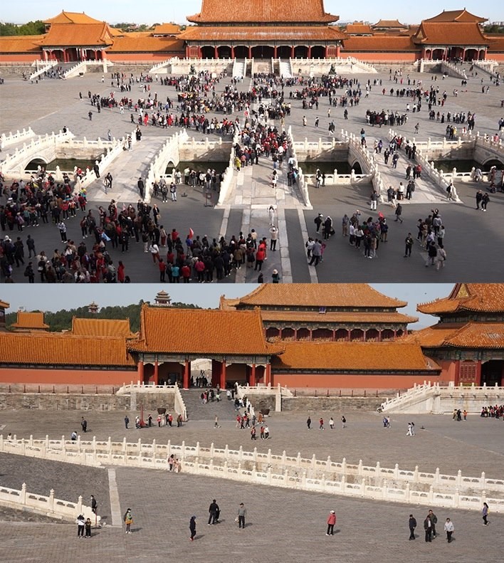 上午9時(shí)和下午13時(shí)的太和門廣場客流對(duì)比。故宮博物院供圖