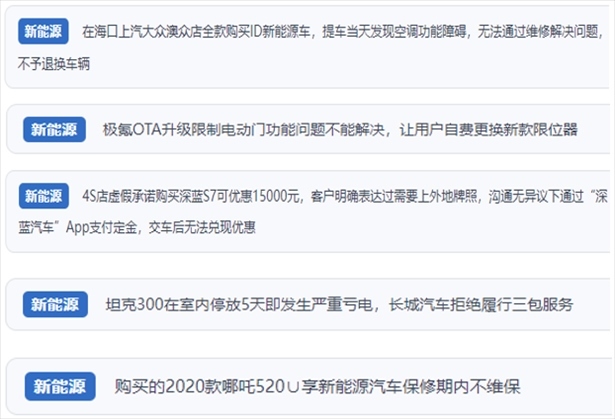 “人民投訴”用戶吐槽新能源汽車功能障礙多發(fā)、升級后配套服務(wù)跟不上、虛假優(yōu)惠、保修期內(nèi)不維保的問題。（“人民投訴”平臺截圖）
