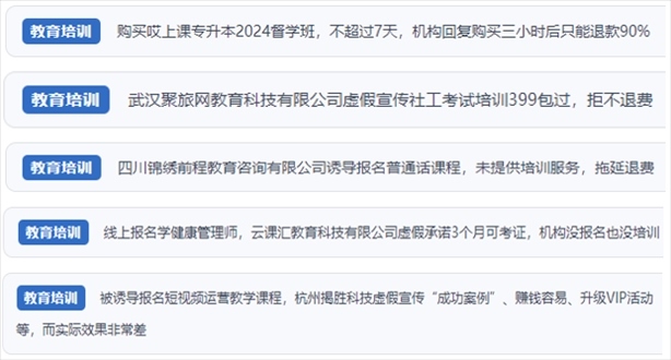 “人民投訴”用戶舉報(bào)機(jī)構(gòu)虛假宣傳包過包拿證、虛假承諾收益效果、課程服務(wù)貨不對板、退款難等在線教培亂象。（“人民投訴”平臺截圖）