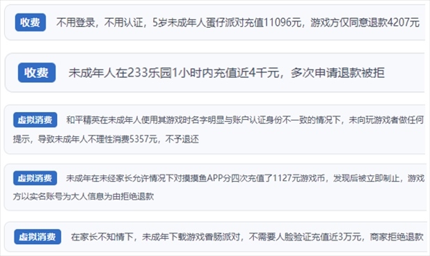 “人民投訴”用戶舉報(bào)身份認(rèn)證成擺設(shè)、大額充值無提醒、提供證據(jù)被駁回、商家設(shè)置退款障礙等未成年人網(wǎng)游消費(fèi)亂象。（“人民投訴”平臺截圖）