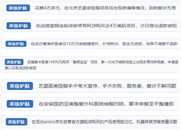 “人民投訴”用戶舉報(bào)醫(yī)美未達(dá)預(yù)期效果或?qū)е律眢w損傷退款遭拒、機(jī)構(gòu)及服務(wù)人員虛假資質(zhì)、被誘導(dǎo)高額醫(yī)美貸、網(wǎng)購美容儀器質(zhì)量不過關(guān)等問題。（“人民投訴”平臺截圖）