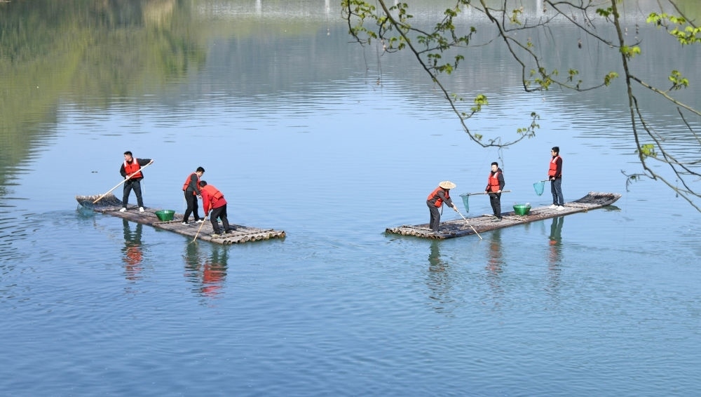 浙江省臺(tái)州市仙居縣步路鄉(xiāng)黨員志愿者與河長一起在永安溪巡河護(hù)水，清理雜物垃圾（2024年3月20日攝）。新華社發(fā)（王華斌攝）