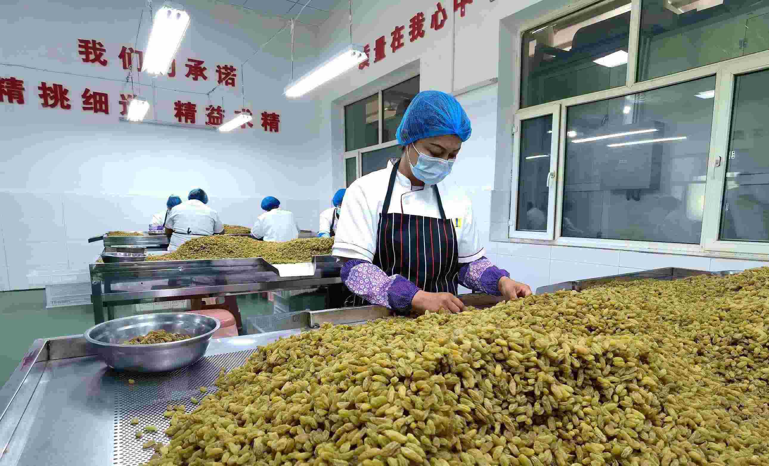 新疆吐魯番市高昌區(qū)亞爾鎮(zhèn)新城西門村，村民們在分揀葡萄干。