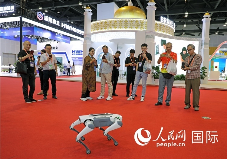 東博會上，觀眾正在參觀一只機器狗。綠色能源、新能源汽車、綠色農產品等成為本屆東博會觀眾關注的焦點。人民網(wǎng)記者 趙益普攝