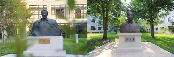 △左圖為中央黨校（國(guó)家行政學(xué)院）校園內(nèi)的焦裕祿雕塑，右圖為校園內(nèi)的谷文昌雕塑。