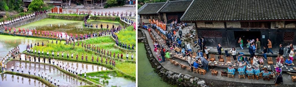 左圖：近期，人們?cè)诶杵娇h肇興侗寨的田園里演唱侗族大歌（黎平縣委宣傳部供圖）；右圖：這是2023年拍攝的十八洞村長(zhǎng)桌宴（湘西州委宣傳部供圖）。