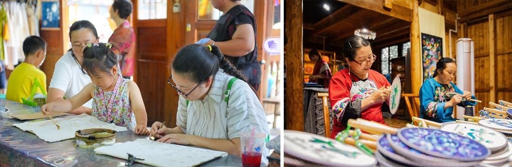 左圖：近期，游客在黎平縣肇興侗寨體驗(yàn)非遺蠟染藝術(shù)（黎平縣委宣傳部供圖）；右圖：這是2024年拍攝的繡娘在十八洞村梨子寨苗繡鄉(xiāng)村振興示范基地制作苗繡產(chǎn)品（湘西州委宣傳部供圖）。